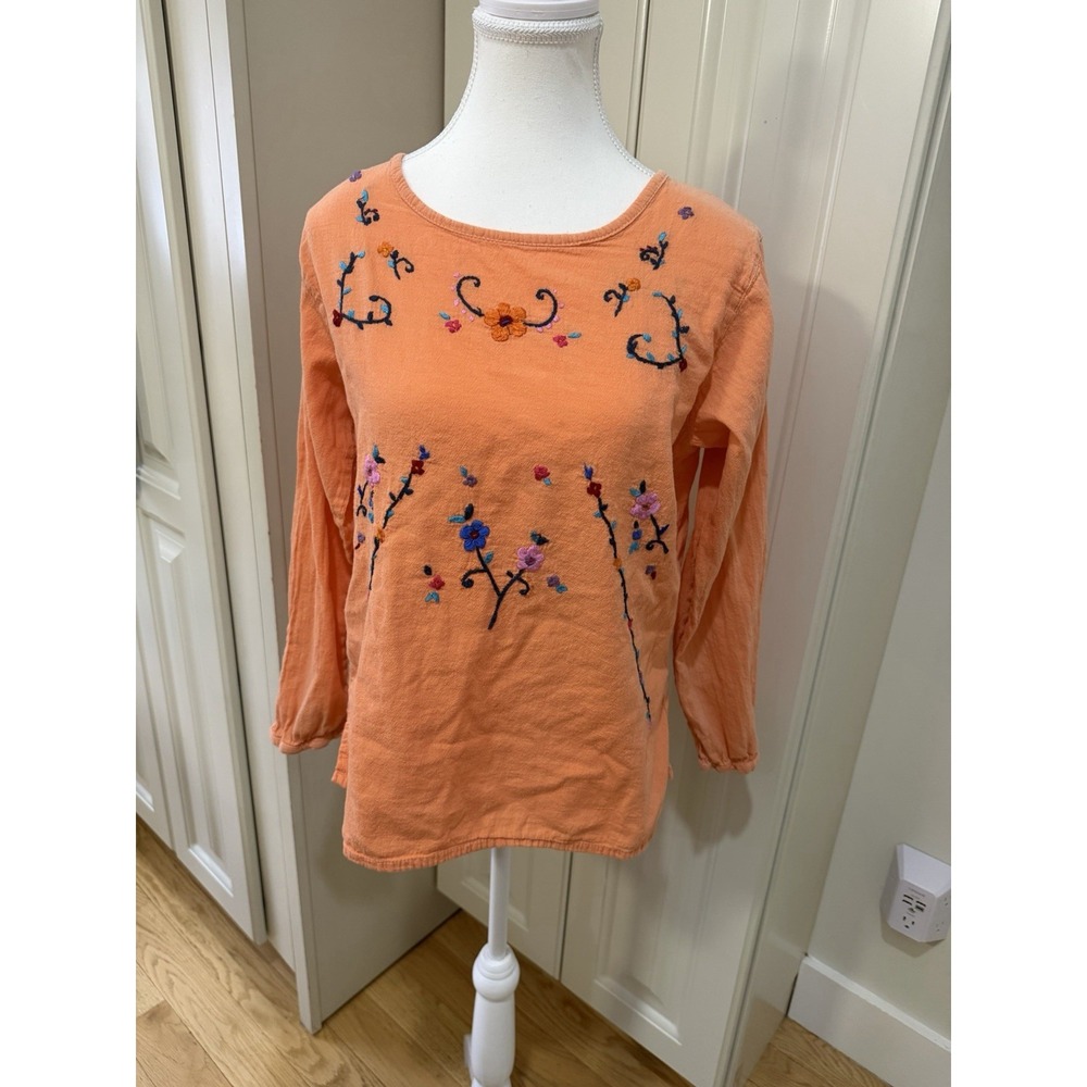 Handmade Guatemalan Embroidered Cotton Blouse‎ Peach Boho Folk Floral Top Tunic